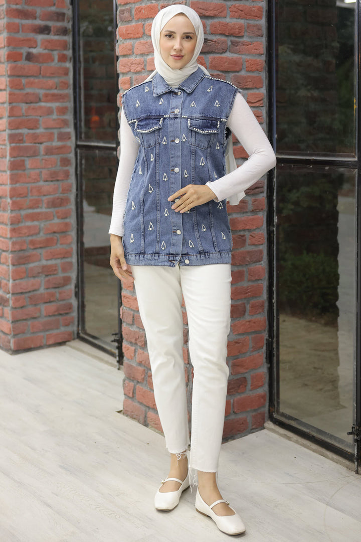 BNG Women Pearl Detailed Denim Vest Navy - Clermont