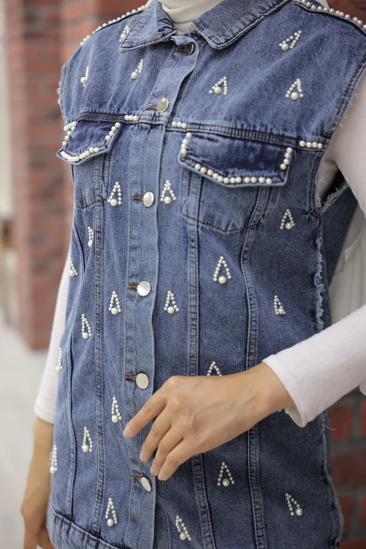 BNG Women Pearl Detailed Denim Vest Navy - Clermont