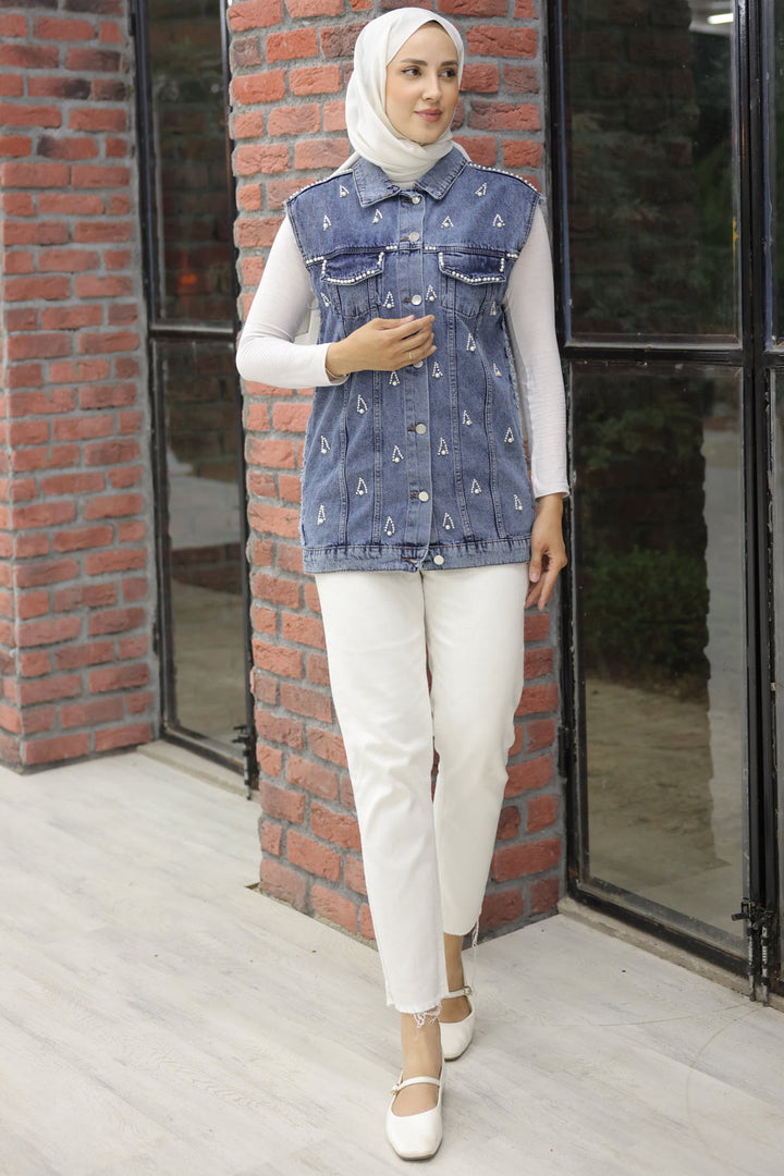 BNG Women Pearl Detailed Denim Vest Navy - Clermont