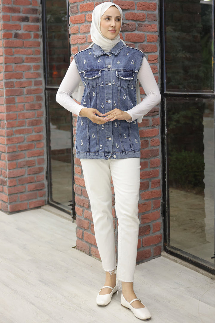 BNG Women Pearl Detailed Denim Vest Navy - Clermont