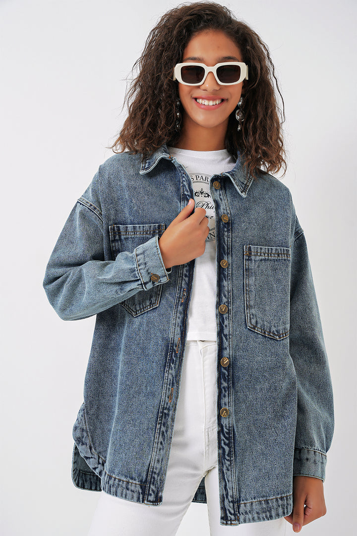 BGD Women Boyfriend Jean Shirt - Blue - Wismar