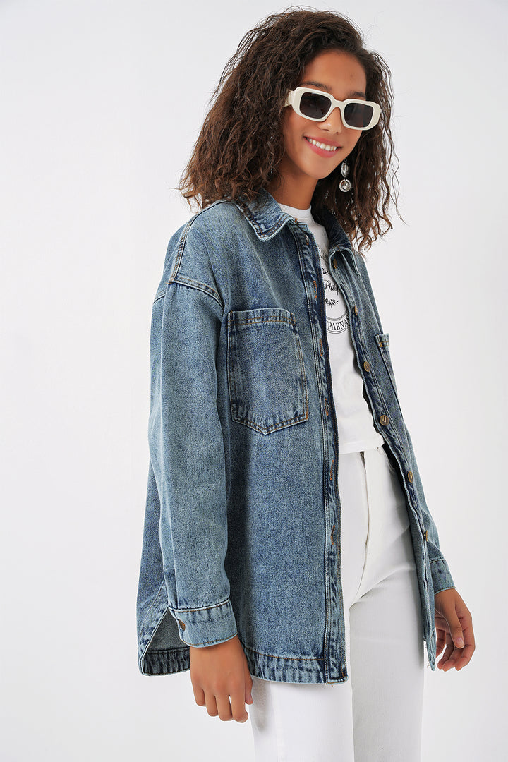 BGD Women Boyfriend Jean Shirt - Blue - Wismar