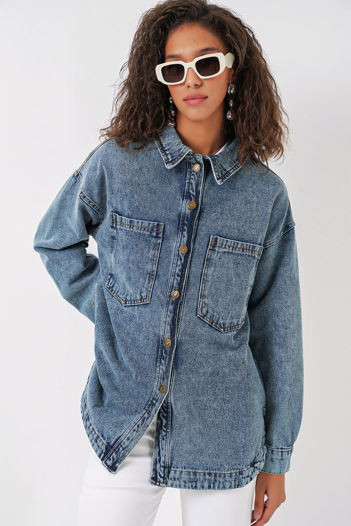 BGD Women Boyfriend Jean Shirt - Blue - Wismar