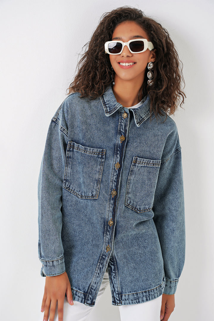 BGD Women Boyfriend Jean Shirt - Blue - Wismar