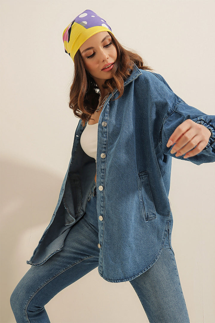 BGD Women Denim Puff Sleeve Denim Jacket - Blue - Chillum