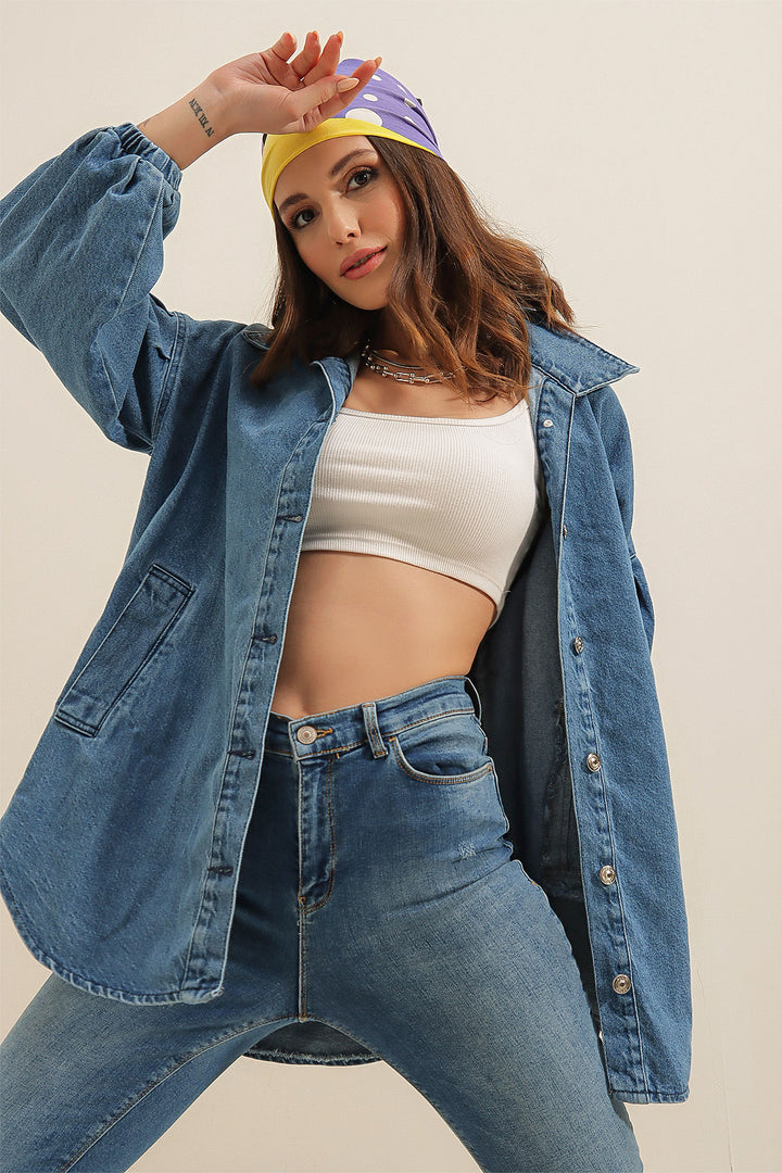 BGD Women Denim Puff Sleeve Denim Jacket - Blue - Chillum