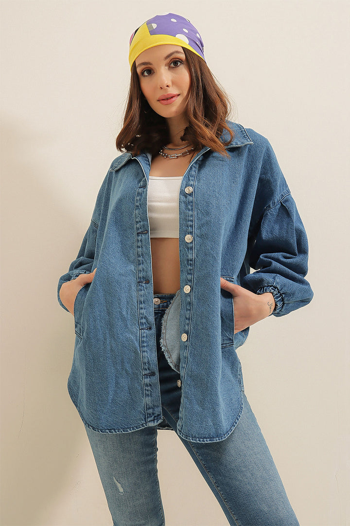 BGD Women Denim Puff Sleeve Denim Jacket - Blue - Chillum