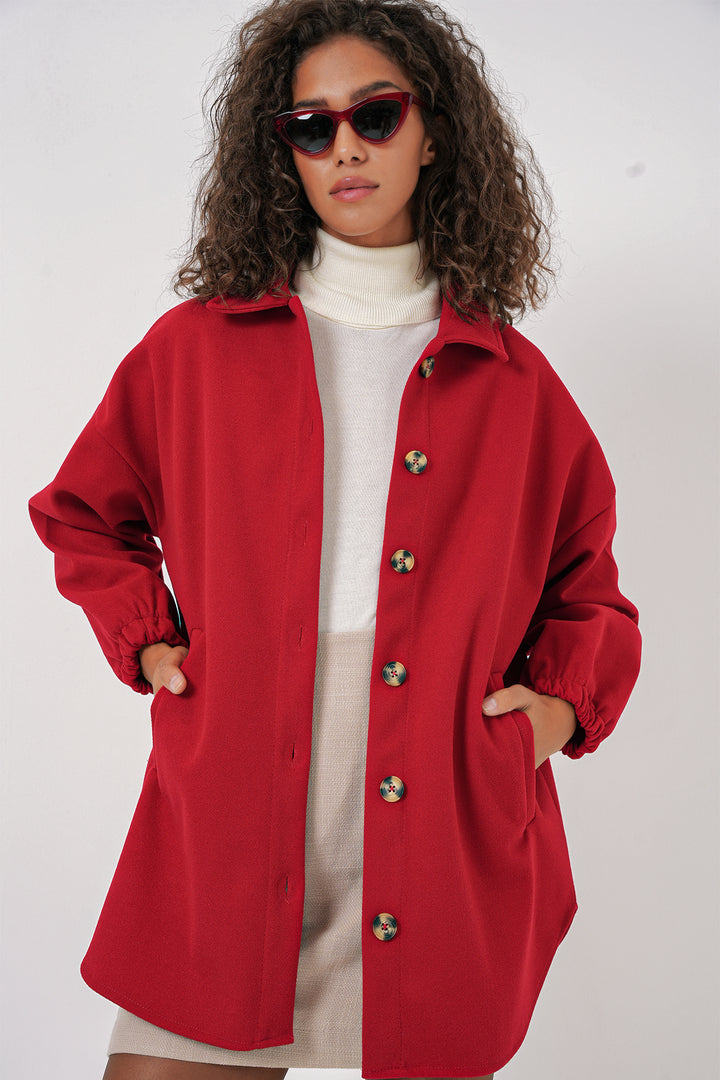 BGD Women Pocket Oversized Shirt - Red - Tupelo