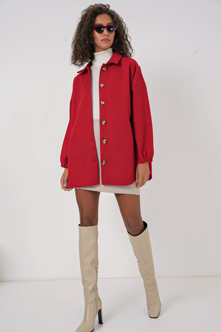 BGD Women Pocket Oversized Shirt - Red - Tupelo