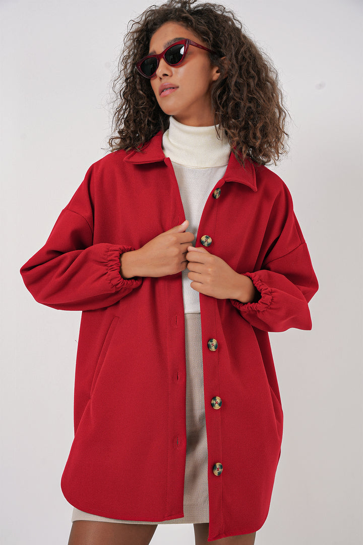 BGD Women Pocket Oversized Shirt - Red - Tupelo