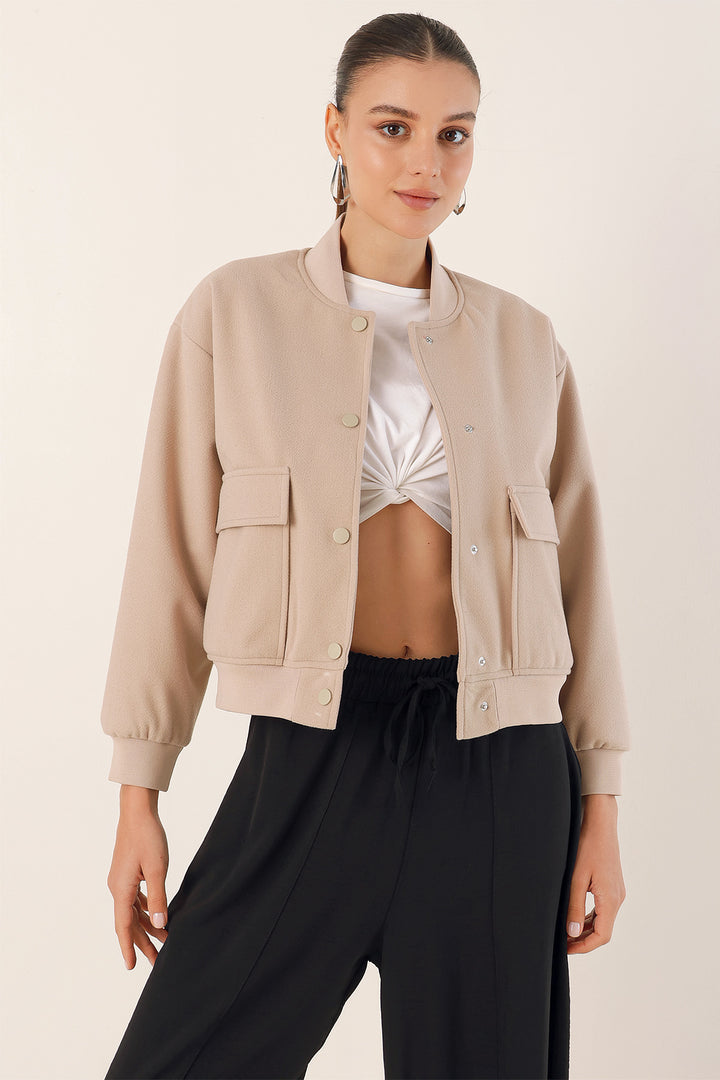 BGD Women Double Pocket Bomber Jacket - Beige - Haguenau