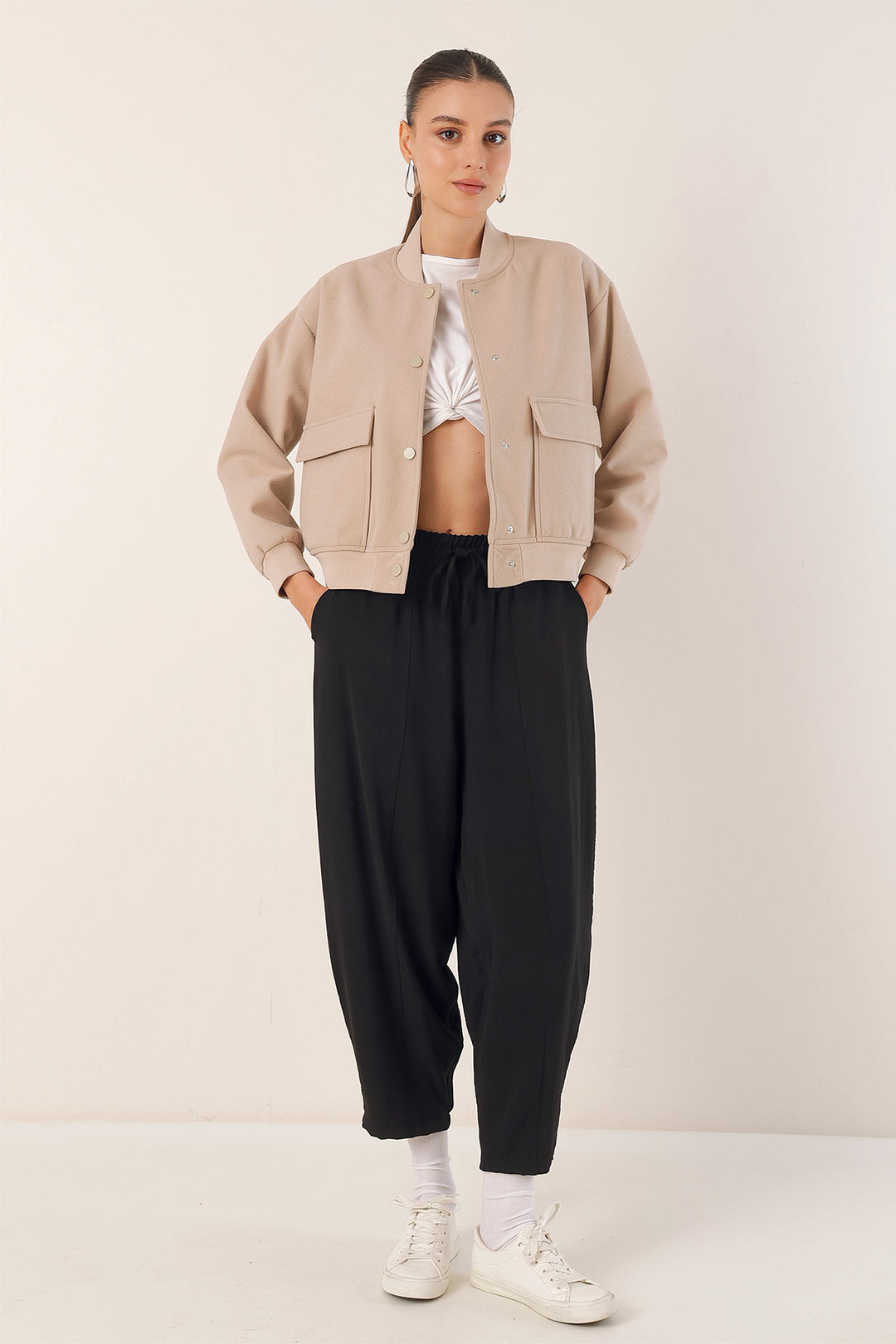BGD Women Double Pocket Bomber Jacket - Beige - Haguenau