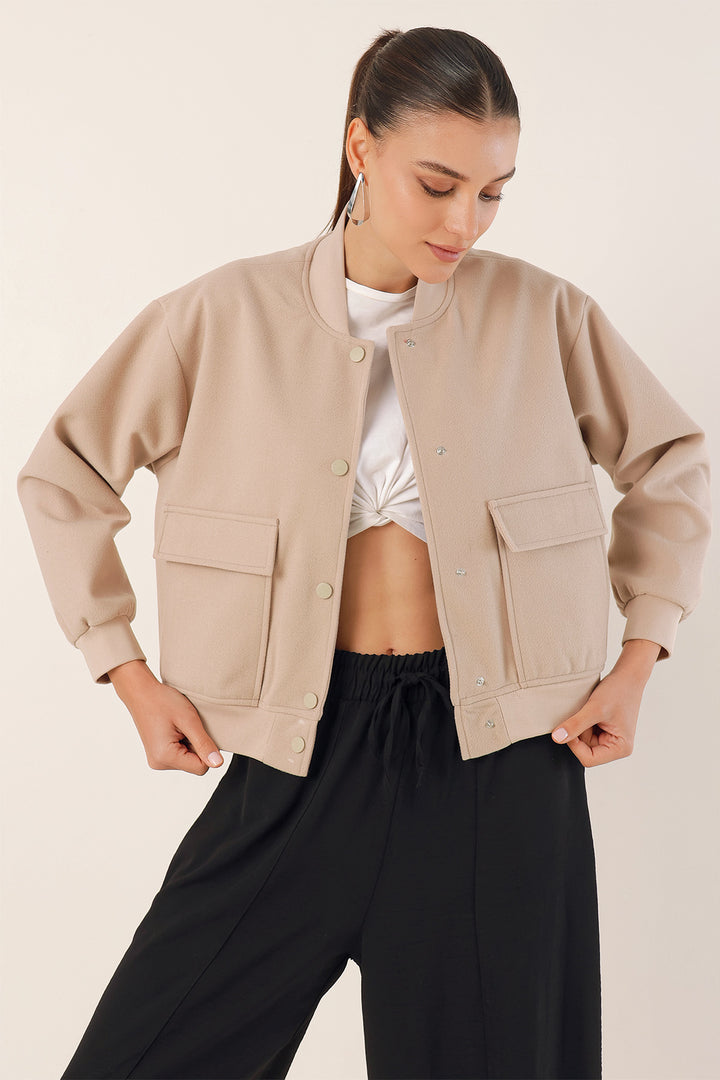 BGD Women Double Pocket Bomber Jacket - Beige - Haguenau