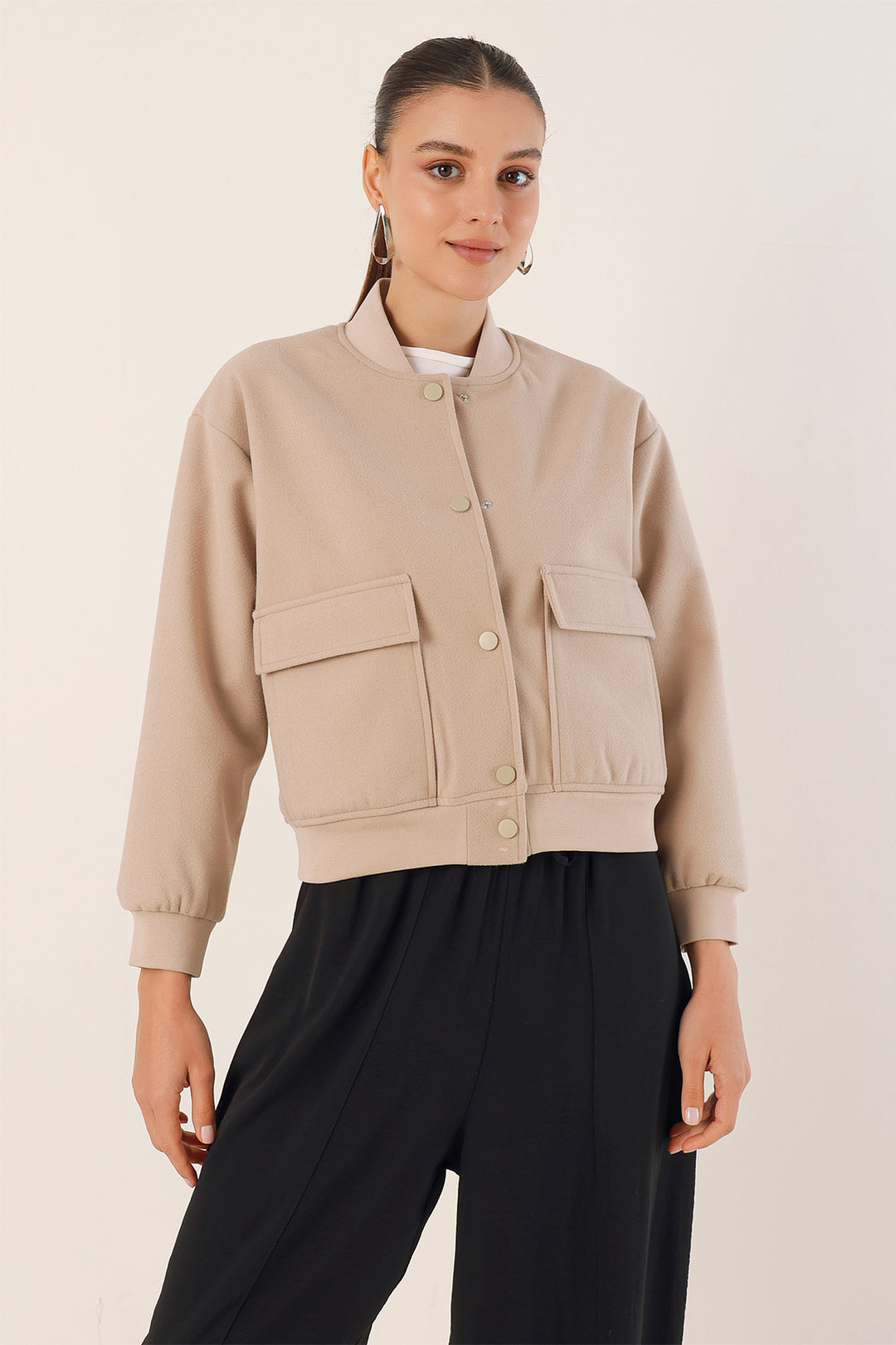 BGD Women Double Pocket Bomber Jacket - Beige - Haguenau