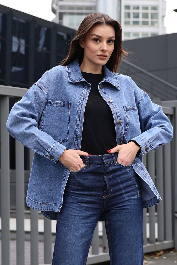 BGD Women Double Pocket Oversized Denim Jacket - Navy Blue - Sicklerville