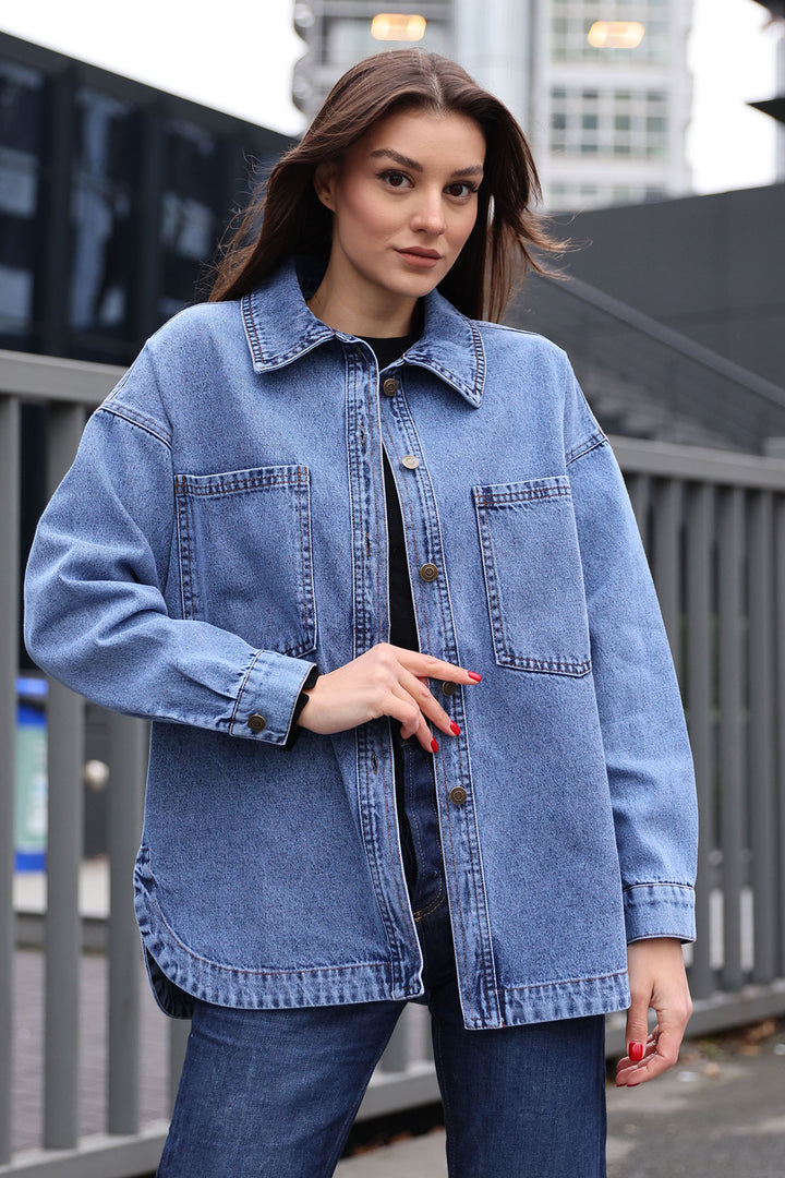 BGD Women Double Pocket Oversized Denim Jacket - Navy Blue - Sicklerville