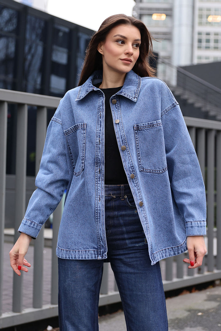 BGD Women Double Pocket Oversized Denim Jacket - Navy Blue - Sicklerville