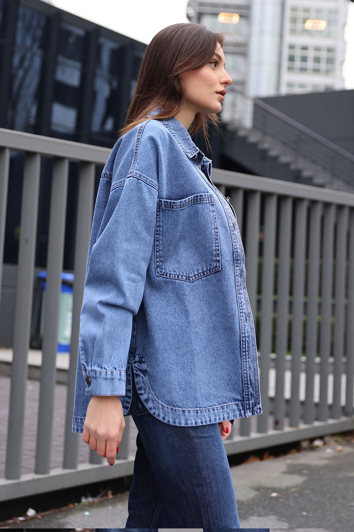 BGD Women Double Pocket Oversized Denim Jacket - Navy Blue - Sicklerville