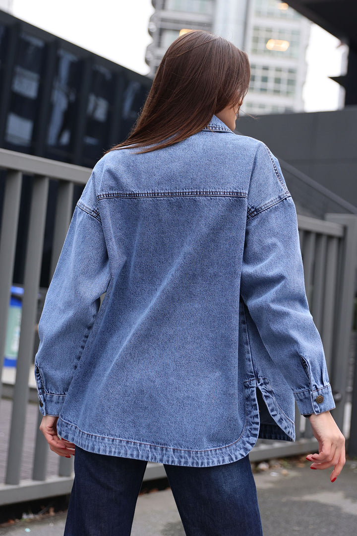 BGD Women Double Pocket Oversized Denim Jacket - Navy Blue - Sicklerville