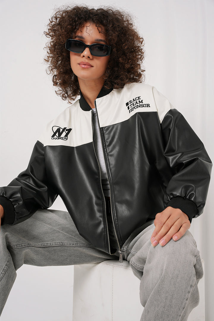 BGD Women Printed Faux Leather Bomber Jacket - White - Bender