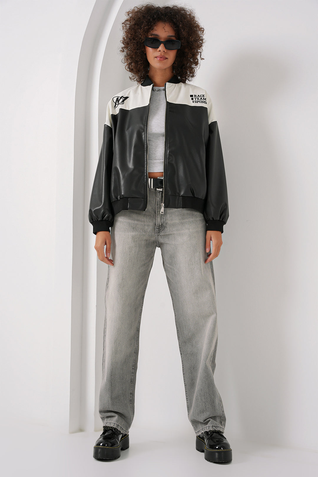 BGD Women Printed Faux Leather Bomber Jacket - White - Bender