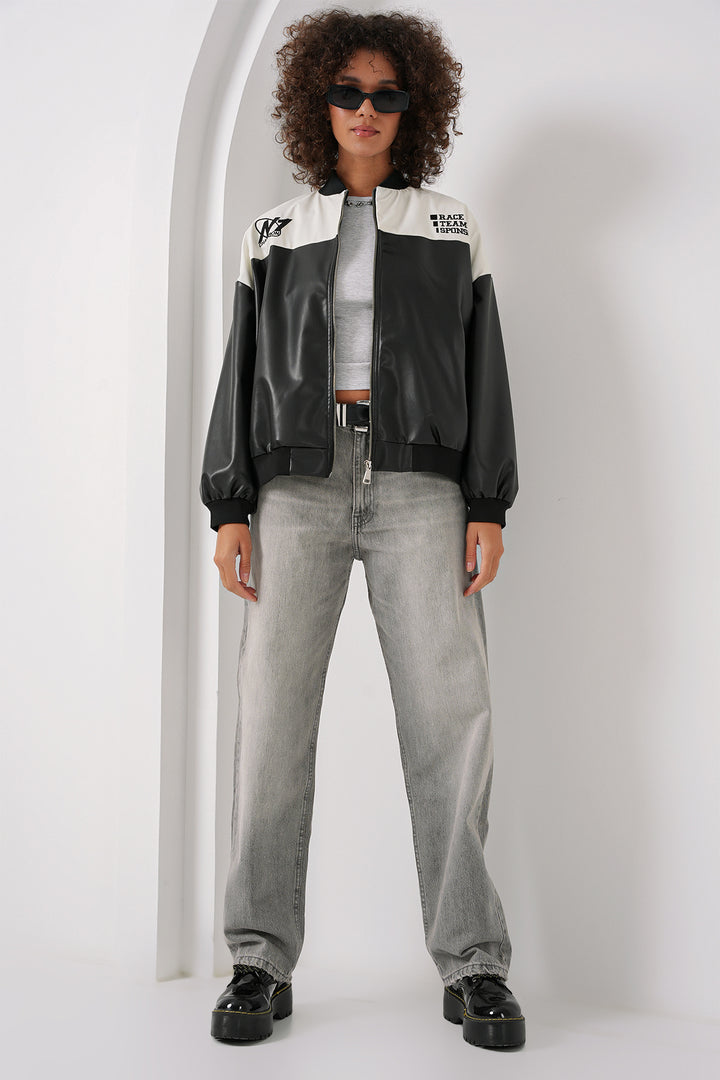 BGD Women Printed Faux Leather Bomber Jacket - White - Bender
