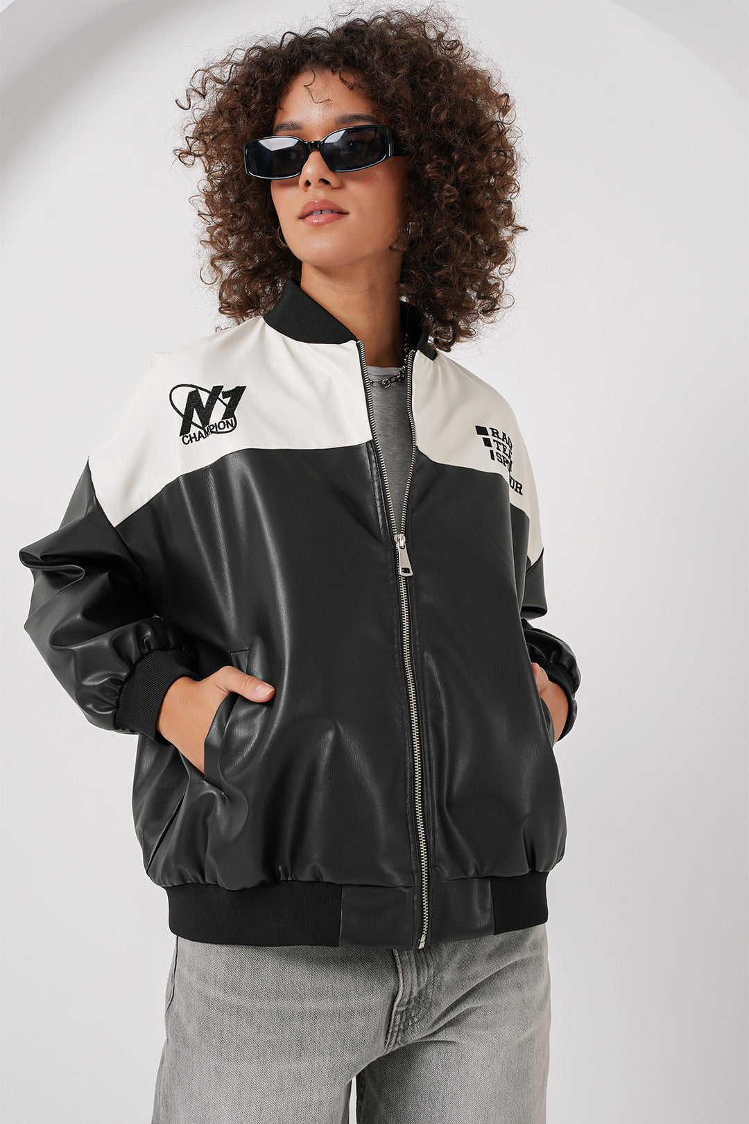BGD Women Printed Faux Leather Bomber Jacket - White - Bender
