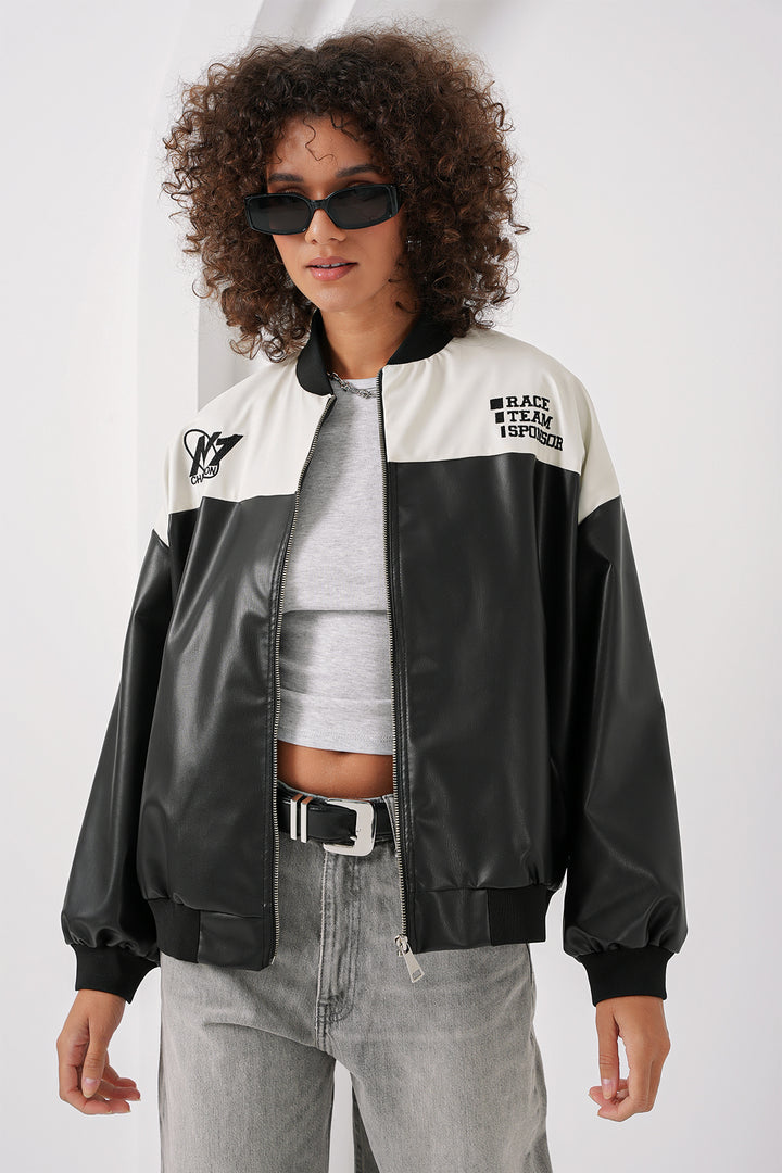 BGD Women Printed Faux Leather Bomber Jacket - White - Bender