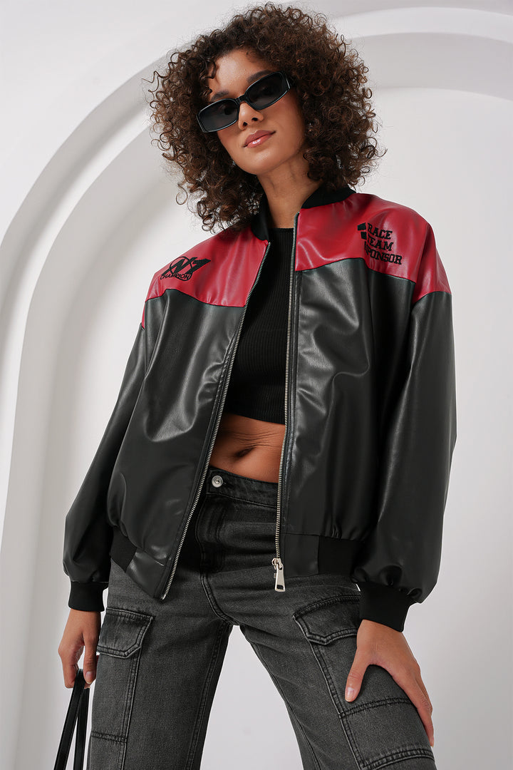 BGD Women Printed Faux Leather Bomber Jacket - Burgundy - Fruit Cove