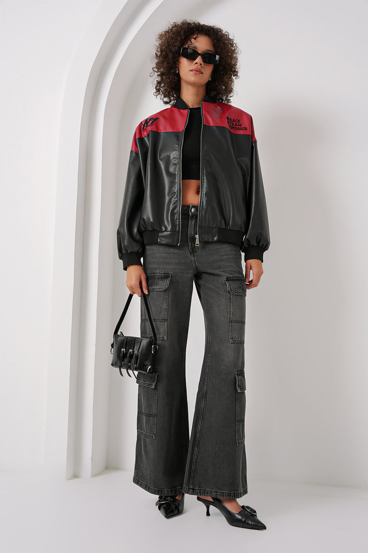 BGD Women Printed Faux Leather Bomber Jacket - Burgundy - Fruit Cove