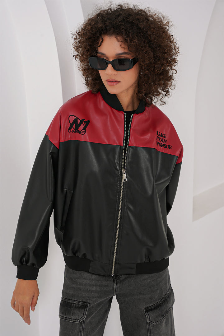 BGD Women Printed Faux Leather Bomber Jacket - Burgundy - Fruit Cove