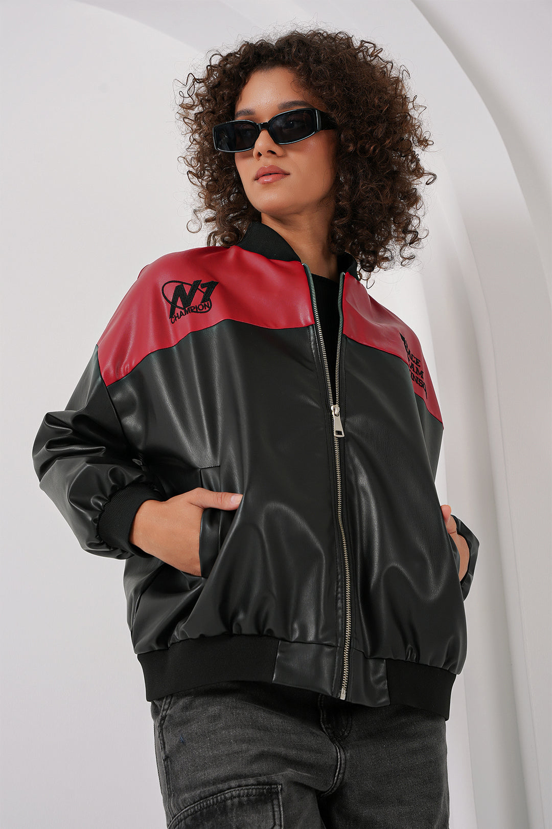 BGD Women Printed Faux Leather Bomber Jacket - Burgundy - Fruit Cove