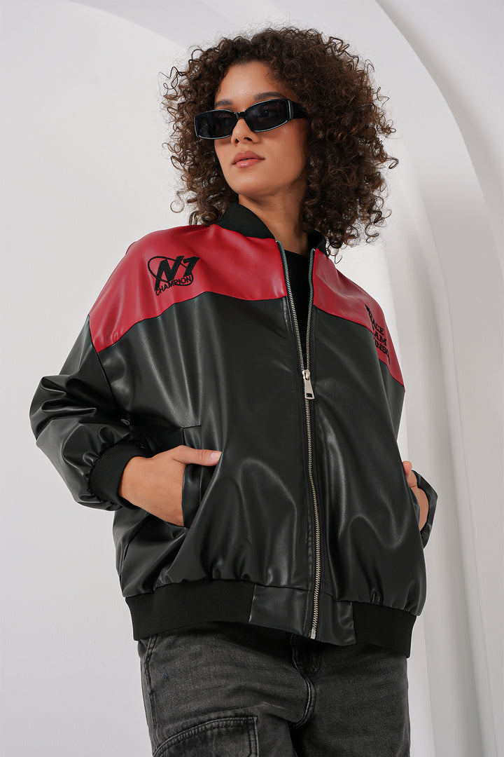 BGD Women Printed Faux Leather Bomber Jacket - Burgundy - Fruit Cove