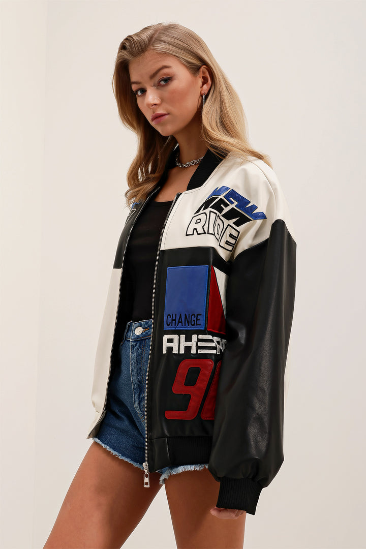 BGD Women Printed Faux Leather Bomber Jacket - Dark Black - Petatlán