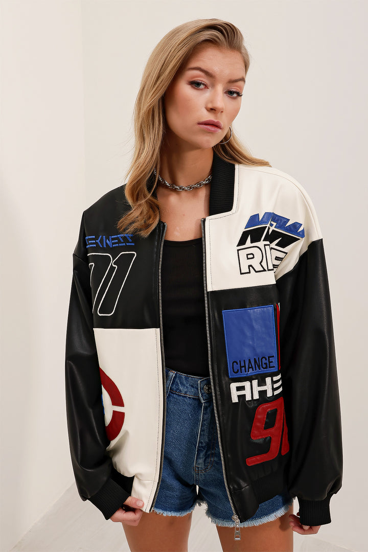 BGD Women Printed Faux Leather Bomber Jacket - Dark Black - Petatlán