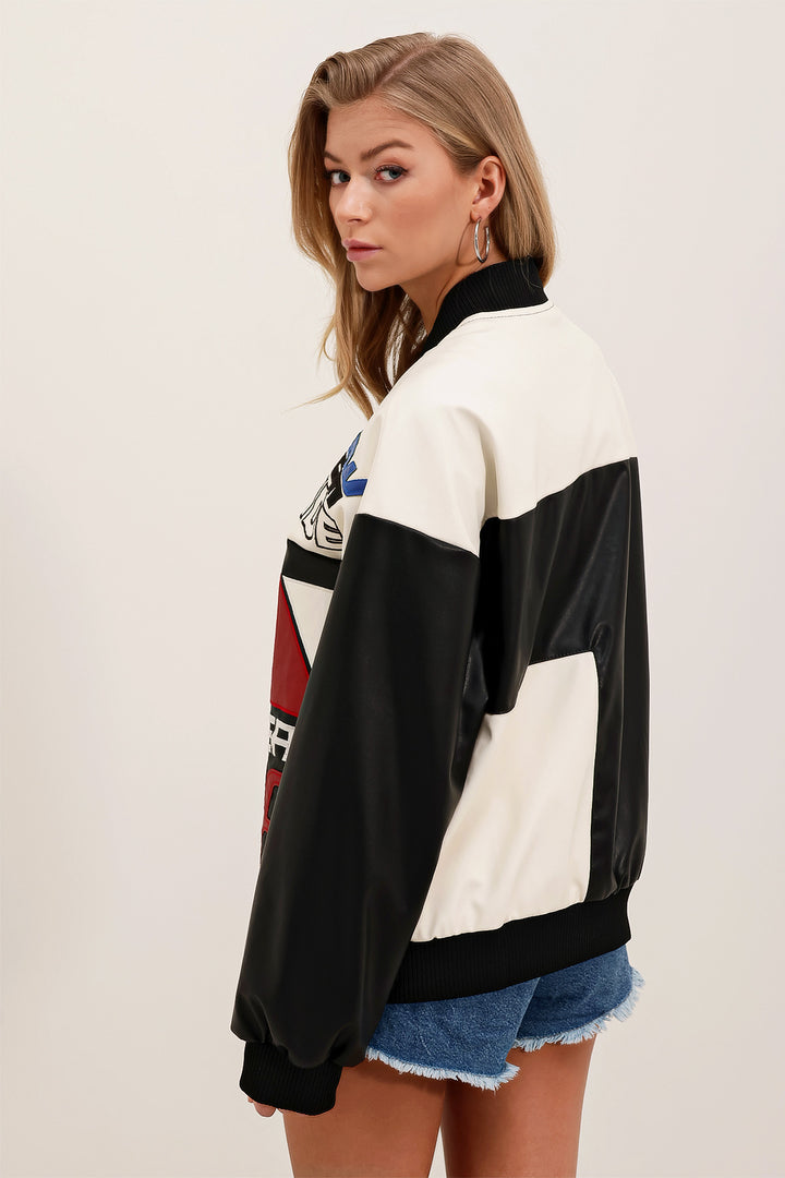 BGD Women Printed Faux Leather Bomber Jacket - Dark Black - Petatlán