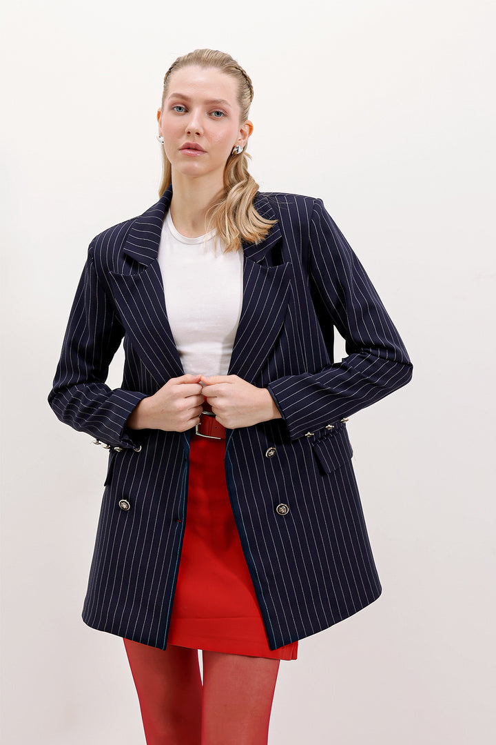 BGD Women Kadın Lacivert Çift Düğmeli Çizgili Blazer Ceket 0699 - Hartford