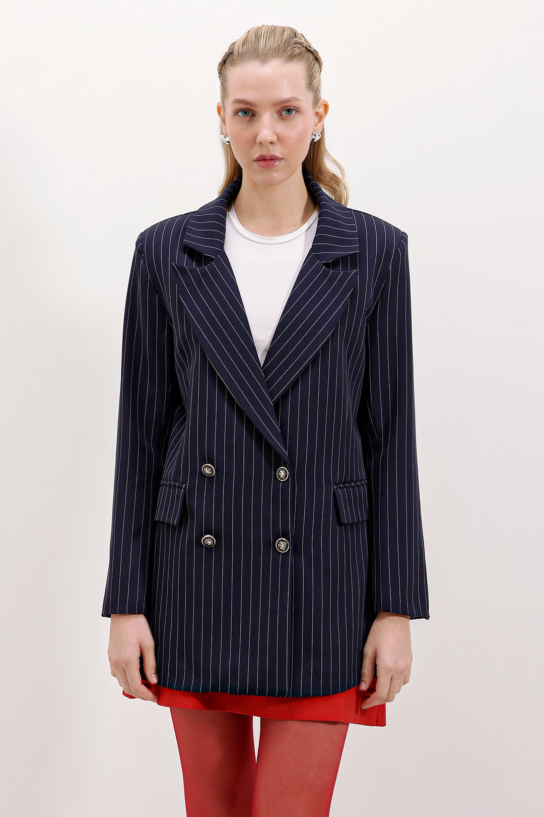 BGD Women Kadın Lacivert Çift Düğmeli Çizgili Blazer Ceket 0699 - Hartford