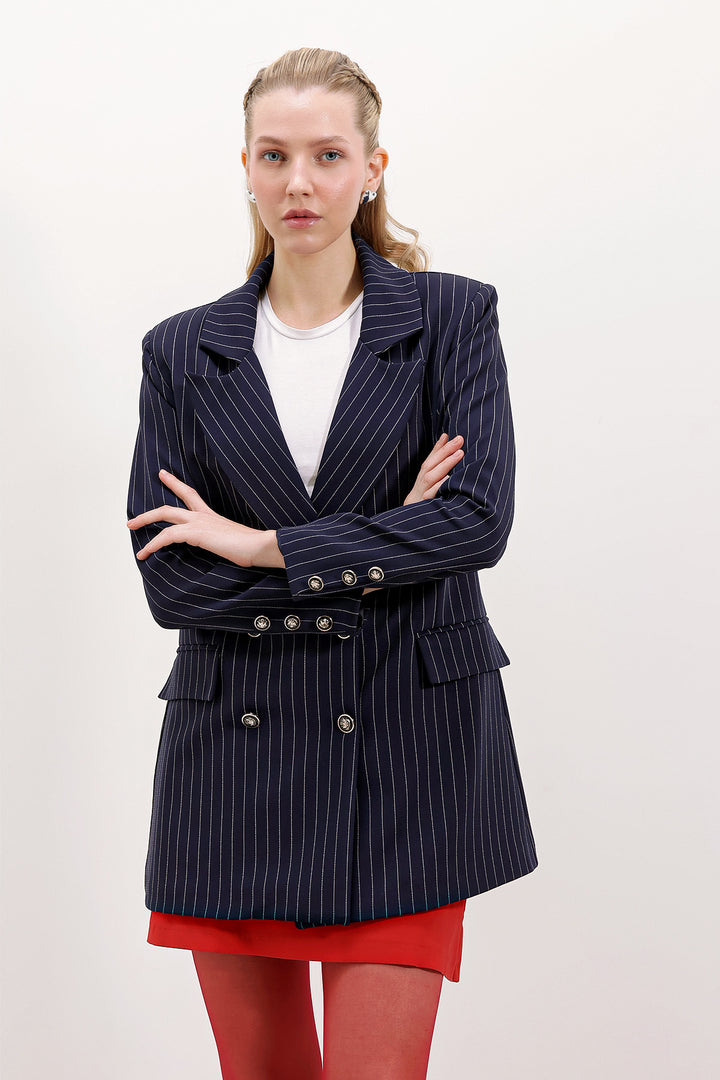 BGD Women Kadın Lacivert Çift Düğmeli Çizgili Blazer Ceket 0699 - Hartford