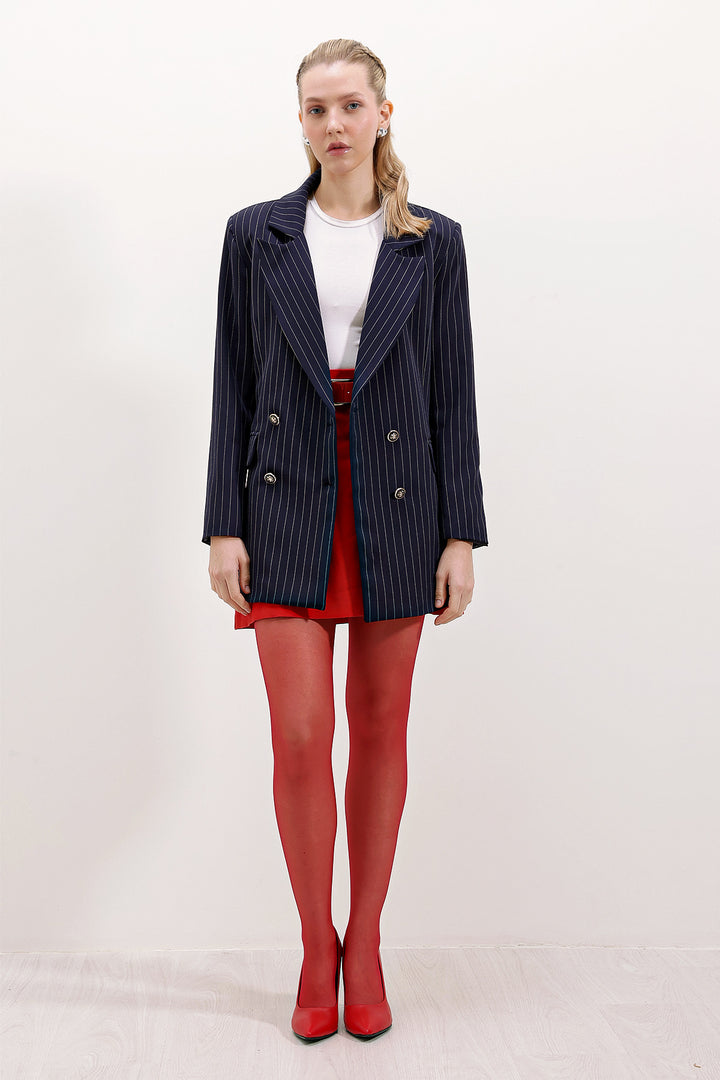 BGD Women Kadın Lacivert Çift Düğmeli Çizgili Blazer Ceket 0699 - Hartford