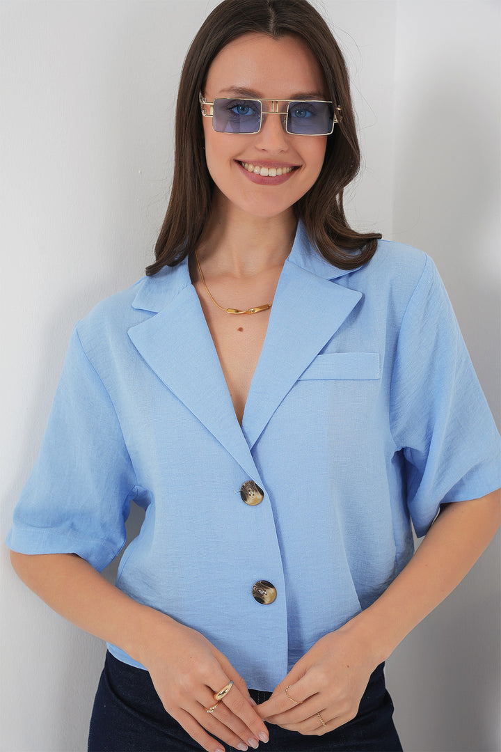 BGD Women Crop Linen Jacket - Blue - New Britain