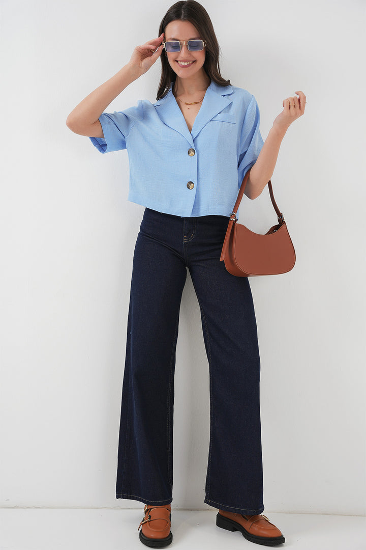 BGD Women Crop Linen Jacket - Blue - New Britain