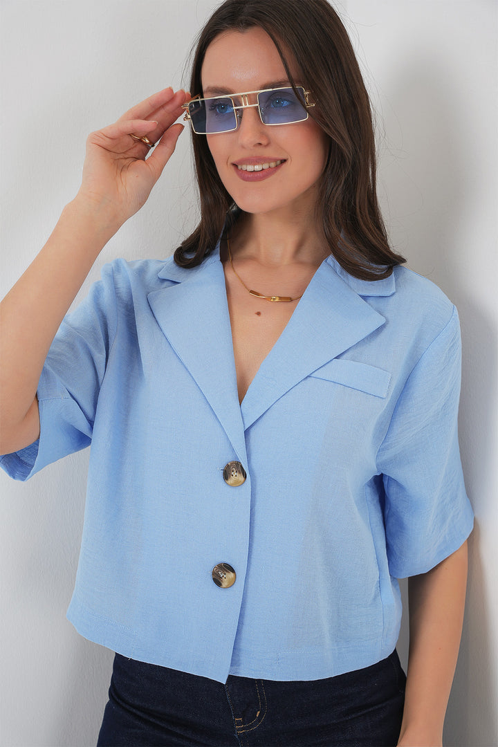 BGD Women Crop Linen Jacket - Blue - New Britain