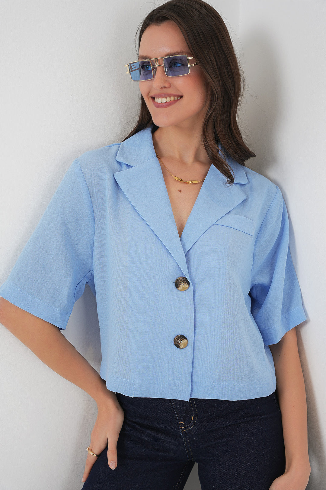 BGD Women Crop Linen Jacket - Blue - New Britain