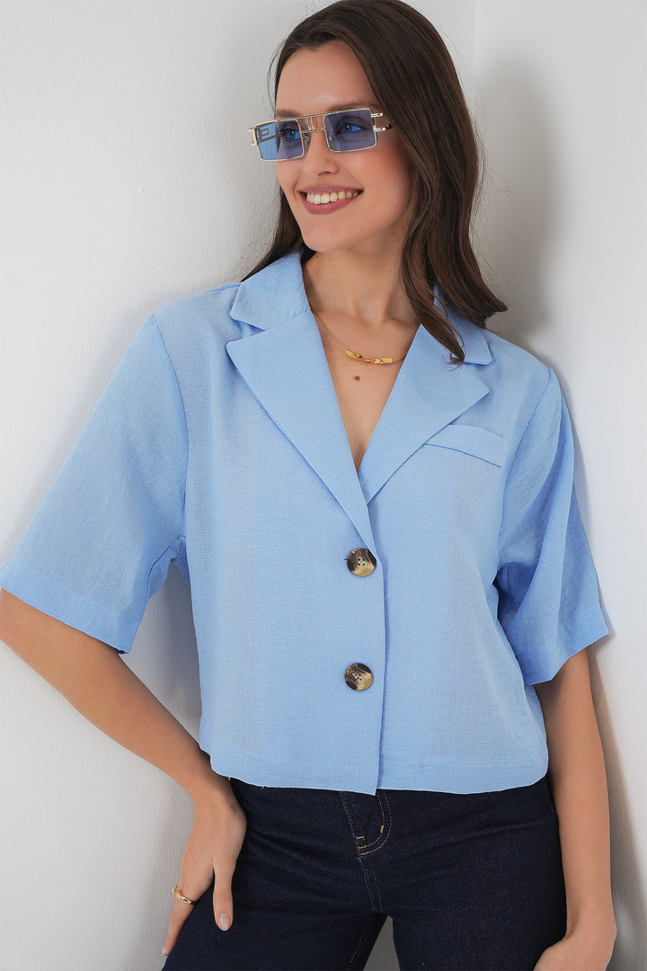 BGD Women Crop Linen Jacket - Blue - New Britain