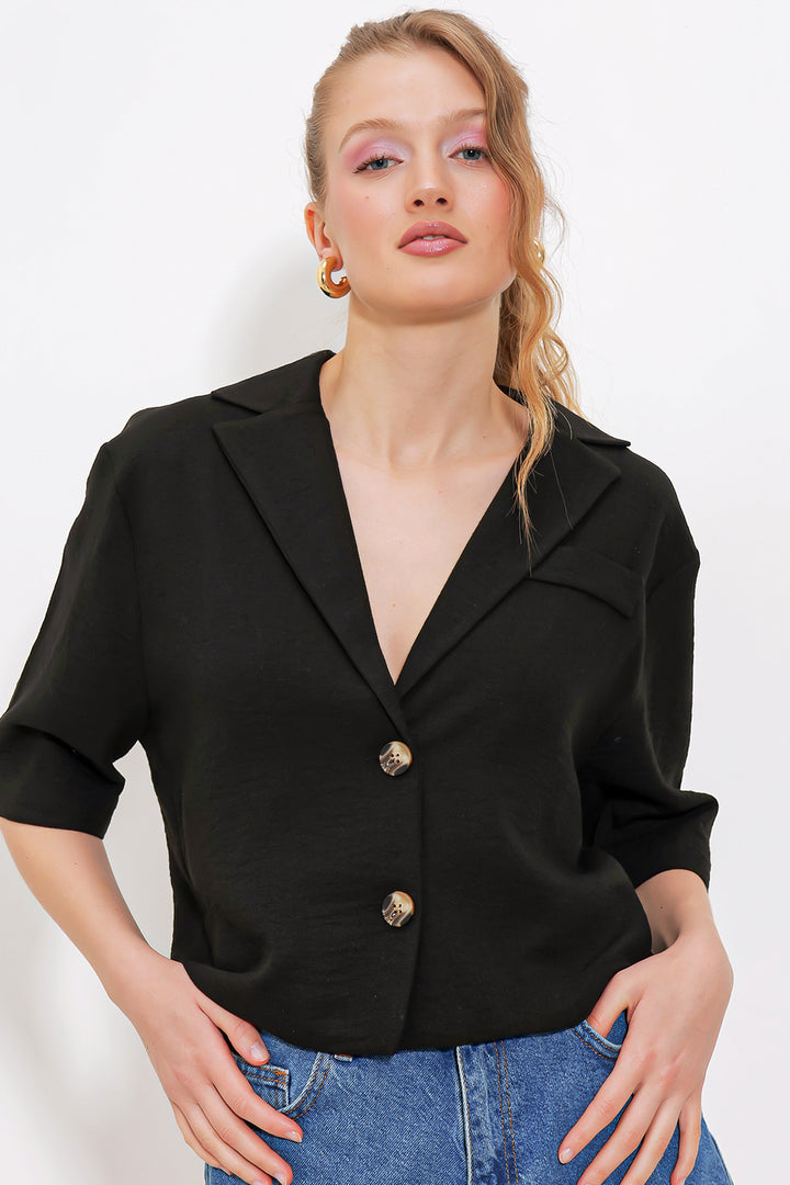 BGD Women Woman Black Double Breasted Oversize Crop Linen Jacket 0706 - Ahaus