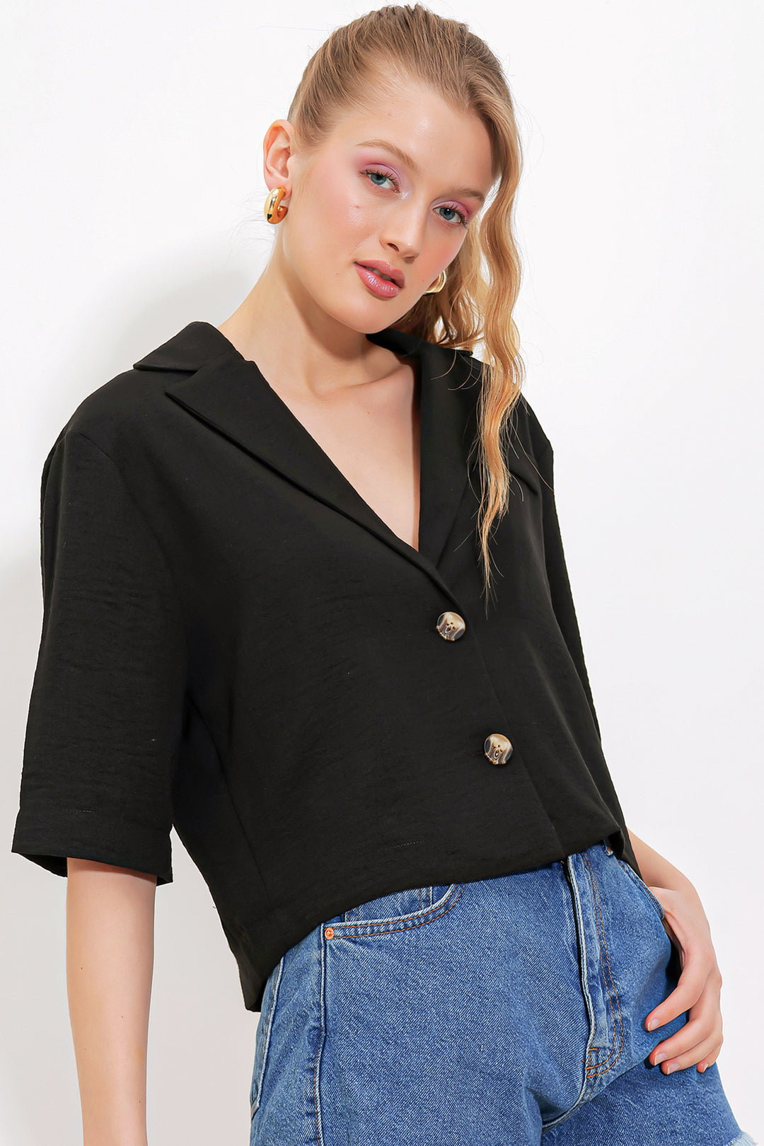 BGD Women Woman Black Double Breasted Oversize Crop Linen Jacket 0706 - Ahaus