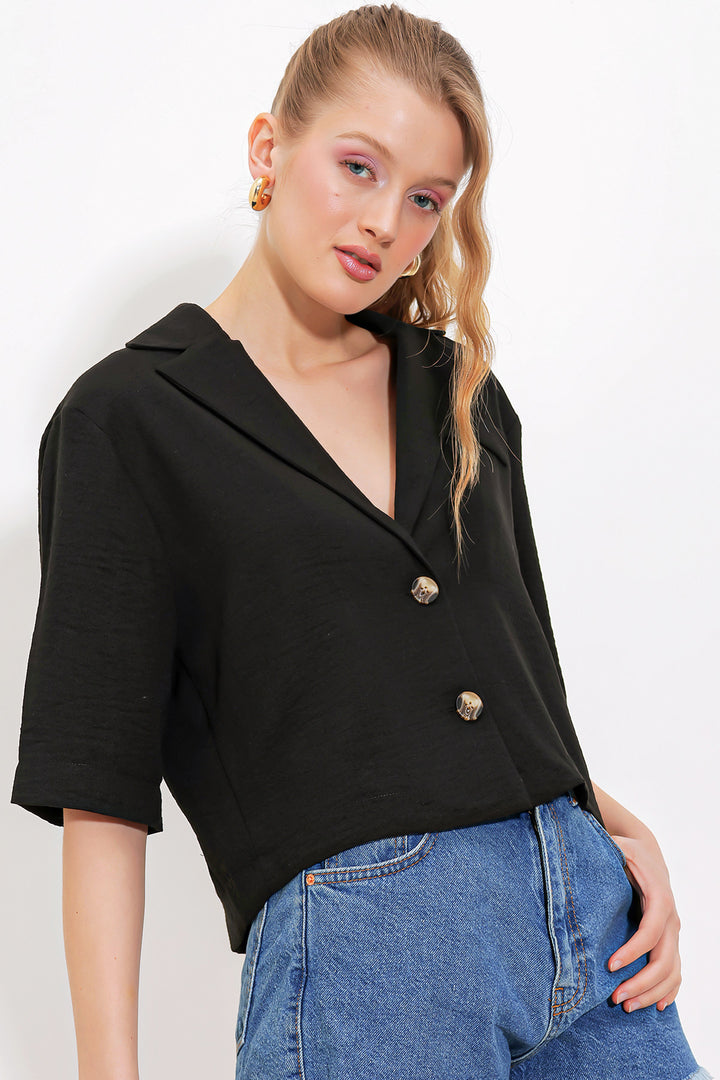 BGD Women Woman Black Double Breasted Oversize Crop Linen Jacket 0706 - Ahaus