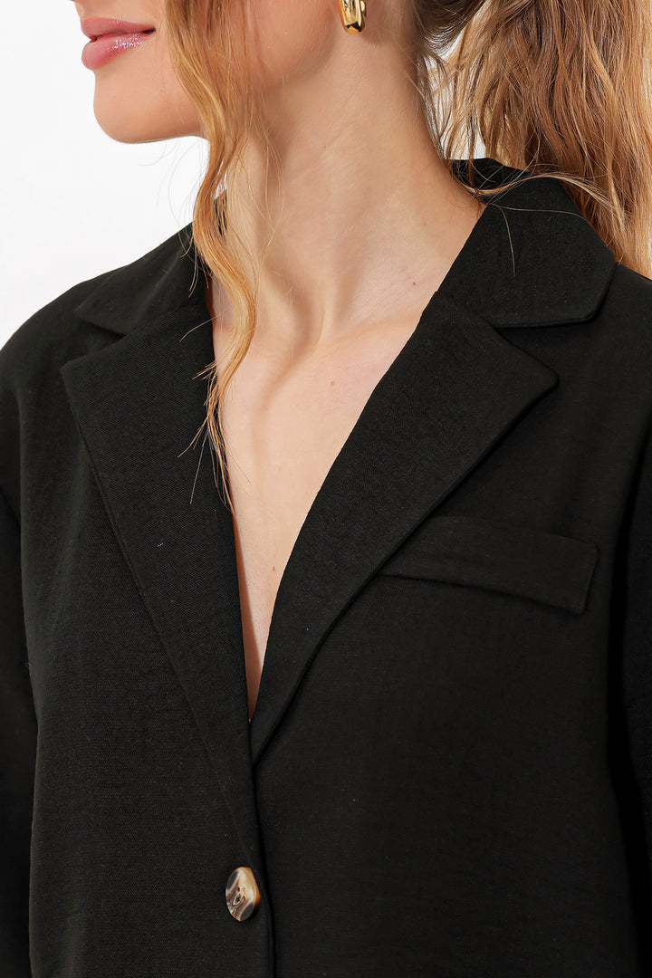 BGD Women Woman Black Double Breasted Oversize Crop Linen Jacket 0706 - Ahaus