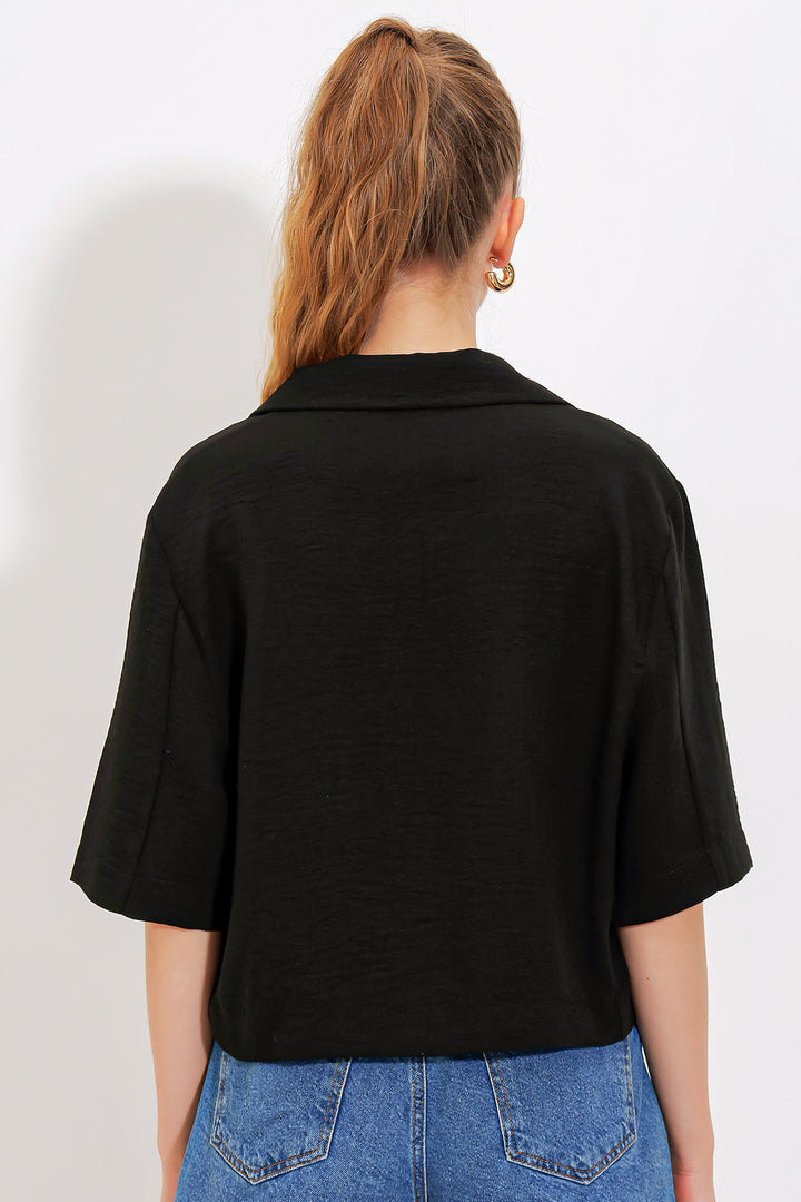 BGD Women Woman Black Double Breasted Oversize Crop Linen Jacket 0706 - Ahaus